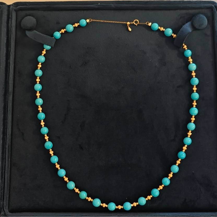 7mm Turquoise Necklace with Hand-Brushed & Laser-Cut 18K Yellow Gold Beads