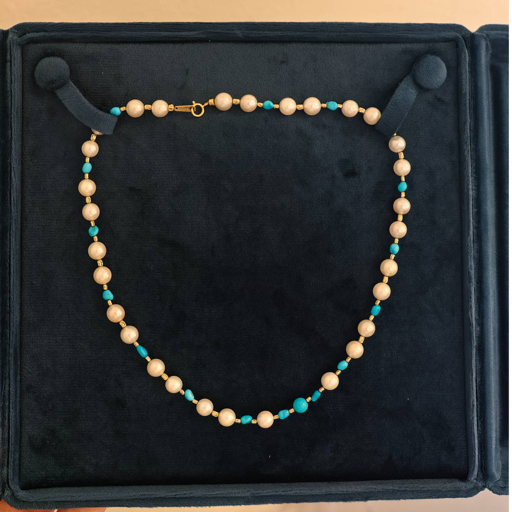 Akoya Pearl & Turquoise Necklace in 18K Yellow Gold