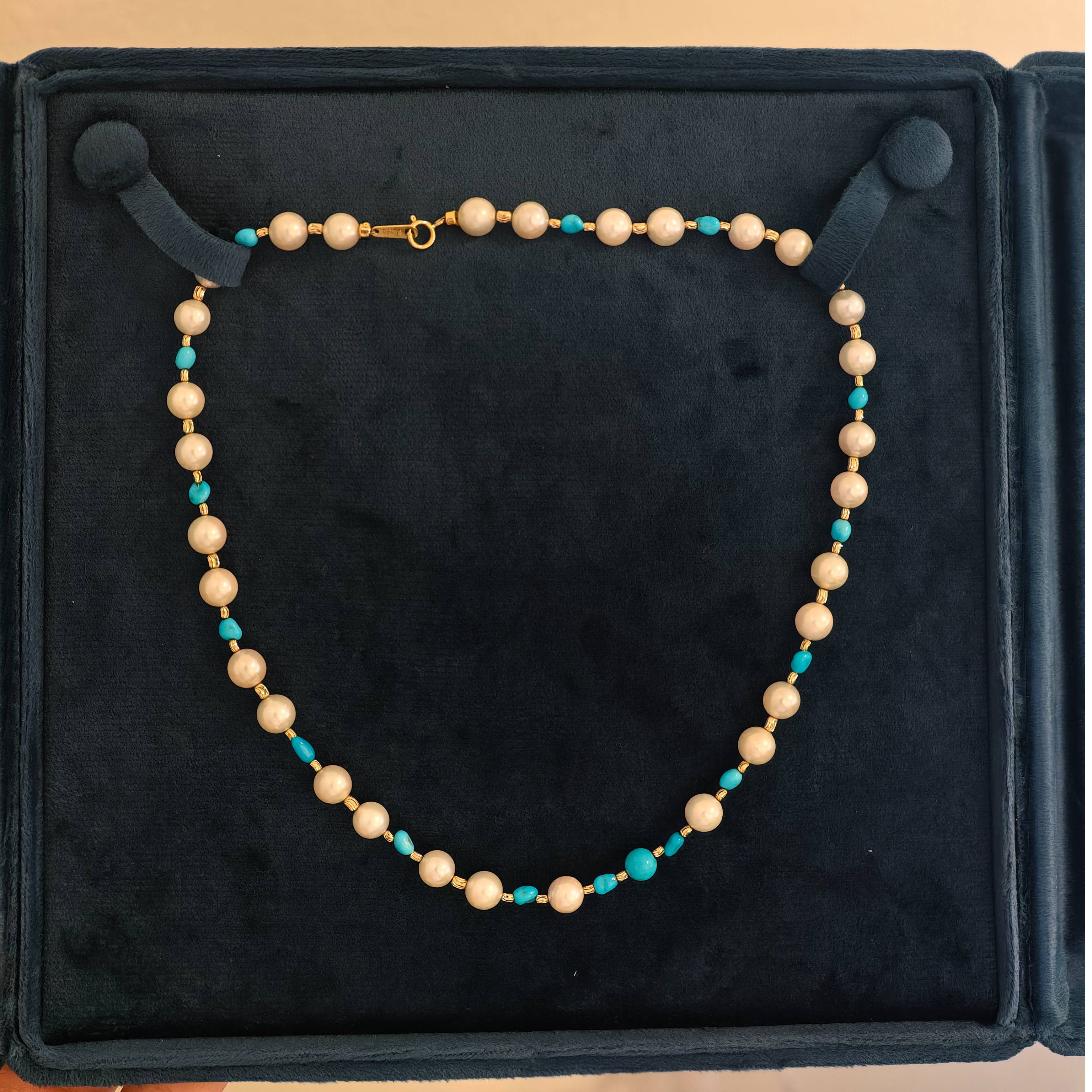 Akoya Pearl & Turquoise Necklace in 18K Yellow Gold