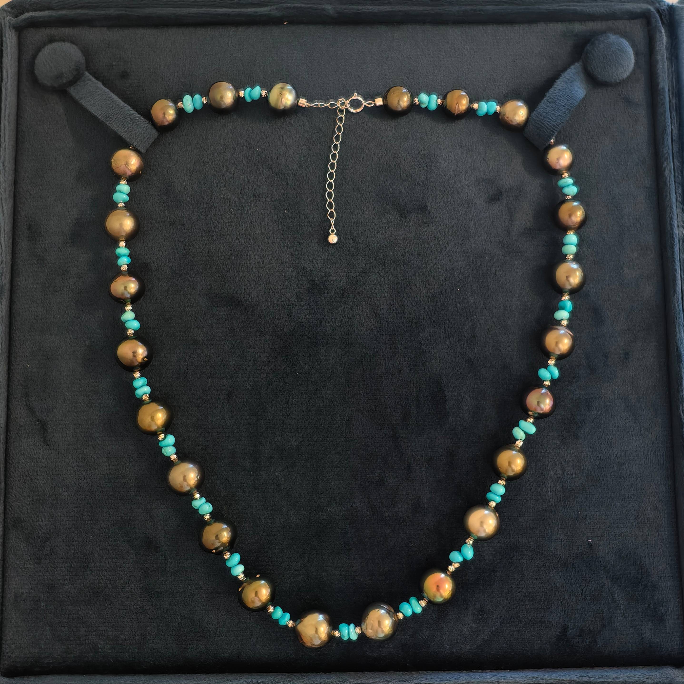 9mm Tahitian Pearl & Turquoise Necklace in 18K White Gold