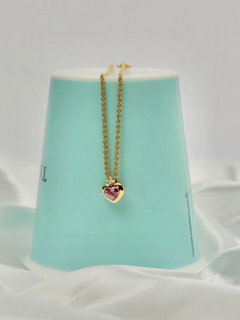1 Carat Heart-Shaped Pink Citrine Bezel Necklace in 18K Gold