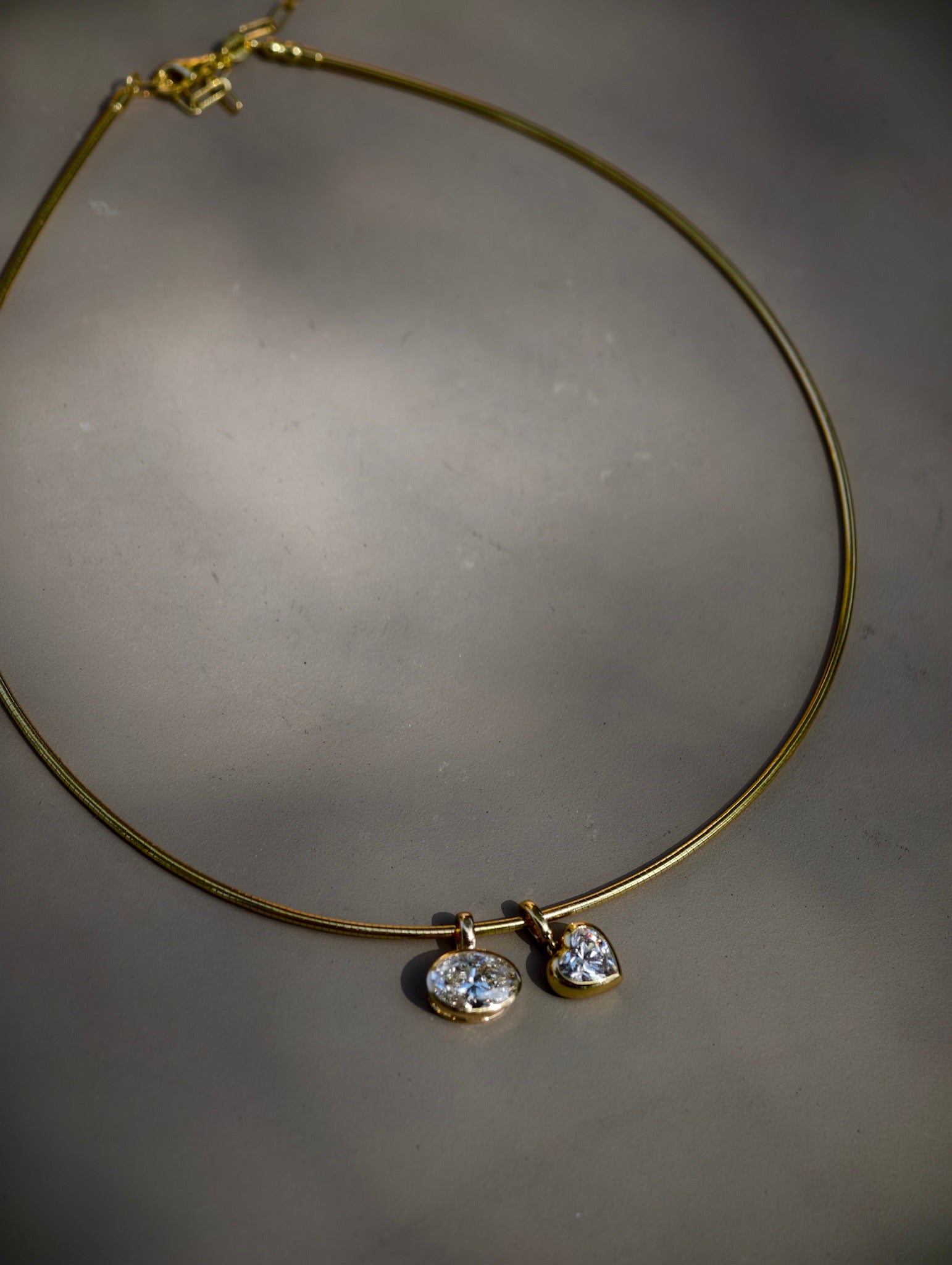 18K Omega Chain Choker with 2 Carats Oval Bezel Diamond Pendant