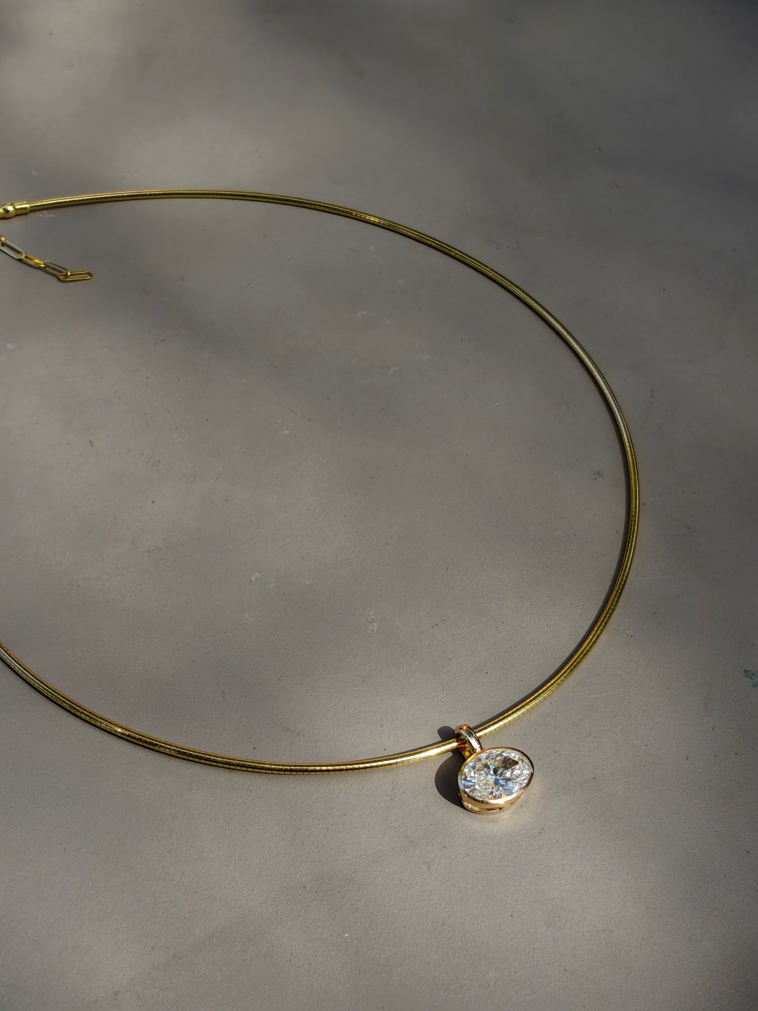 18K Omega Chain Choker with 2 Carats Oval Bezel Diamond Pendant