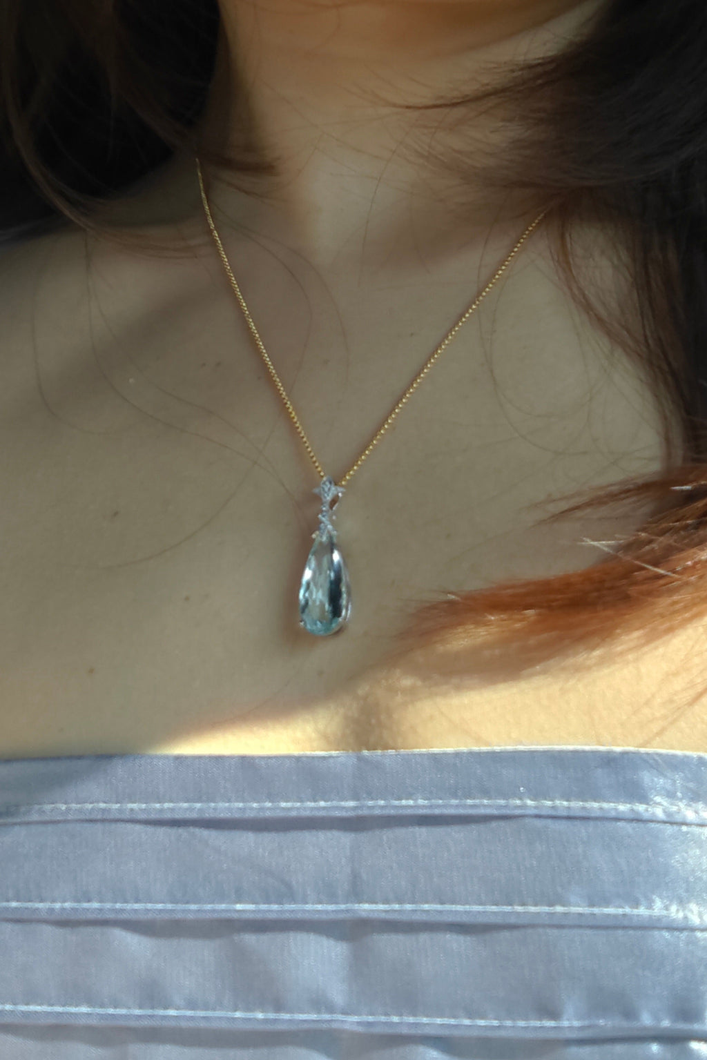 6.76 Carat Tear Drop Aquamarine Necklace set in 14K Gold