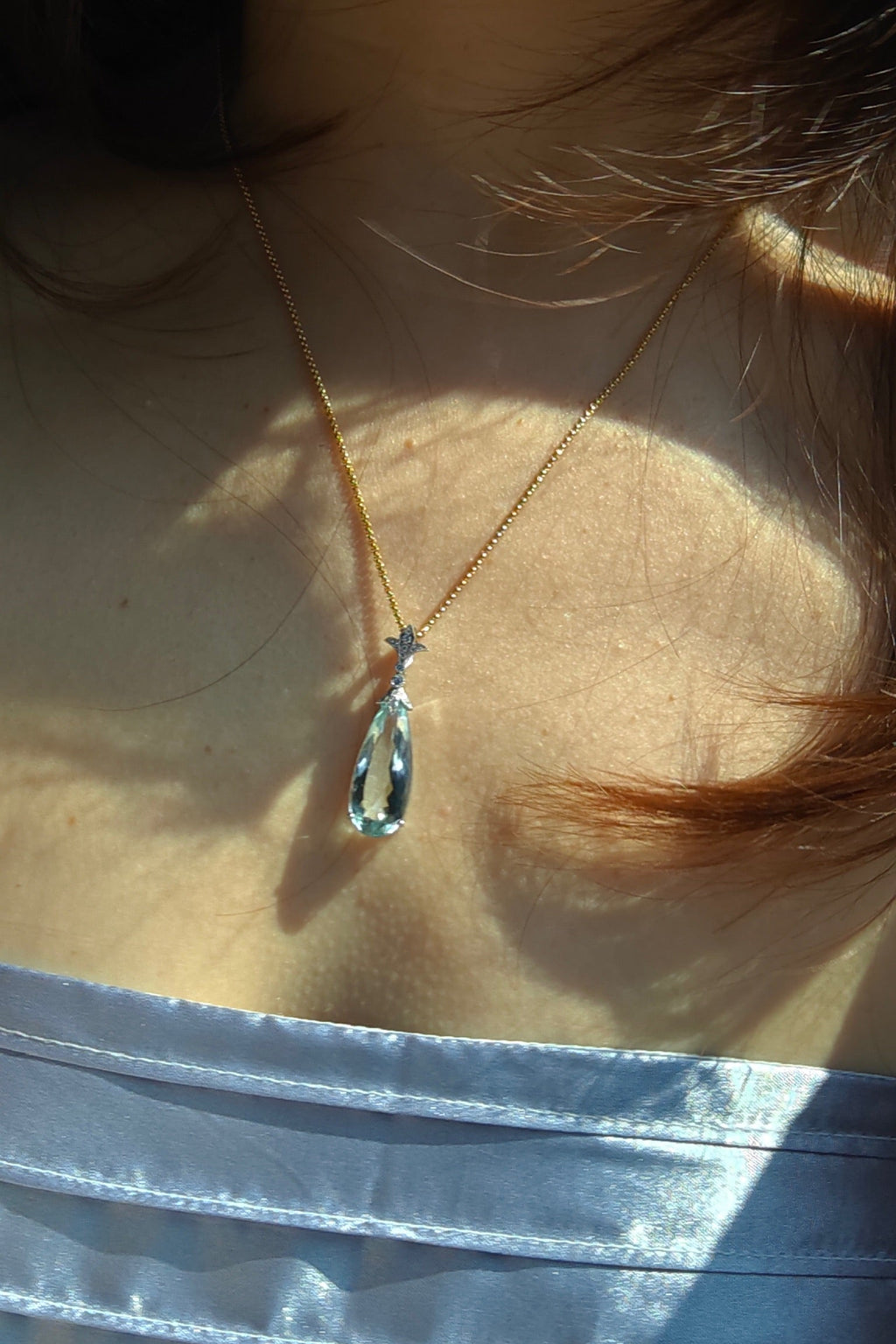 6.76 Carat Tear Drop Aquamarine Necklace set in 14K Gold