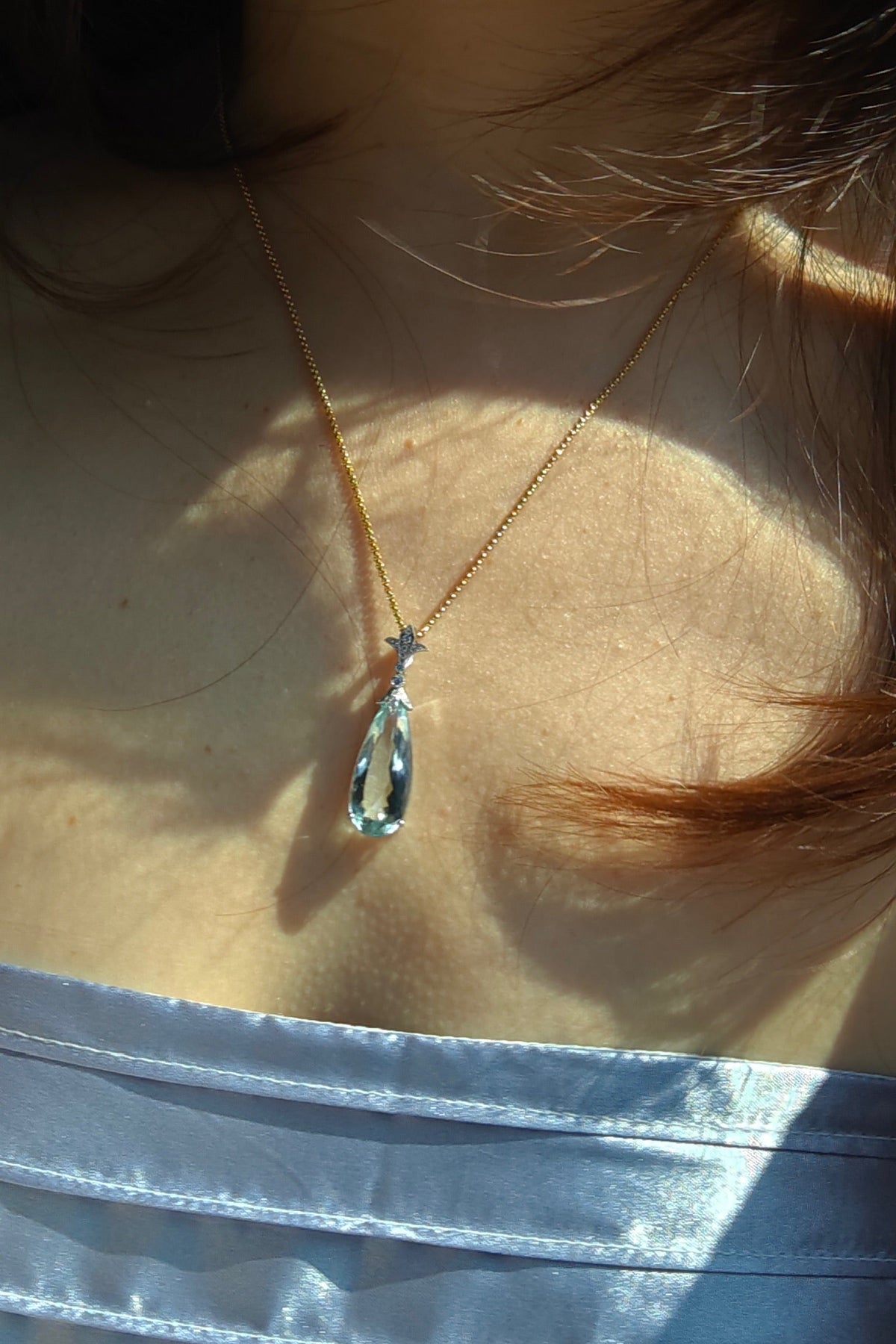 6.76 Carat Tear Drop Aquamarine Necklace set in 14K Gold
