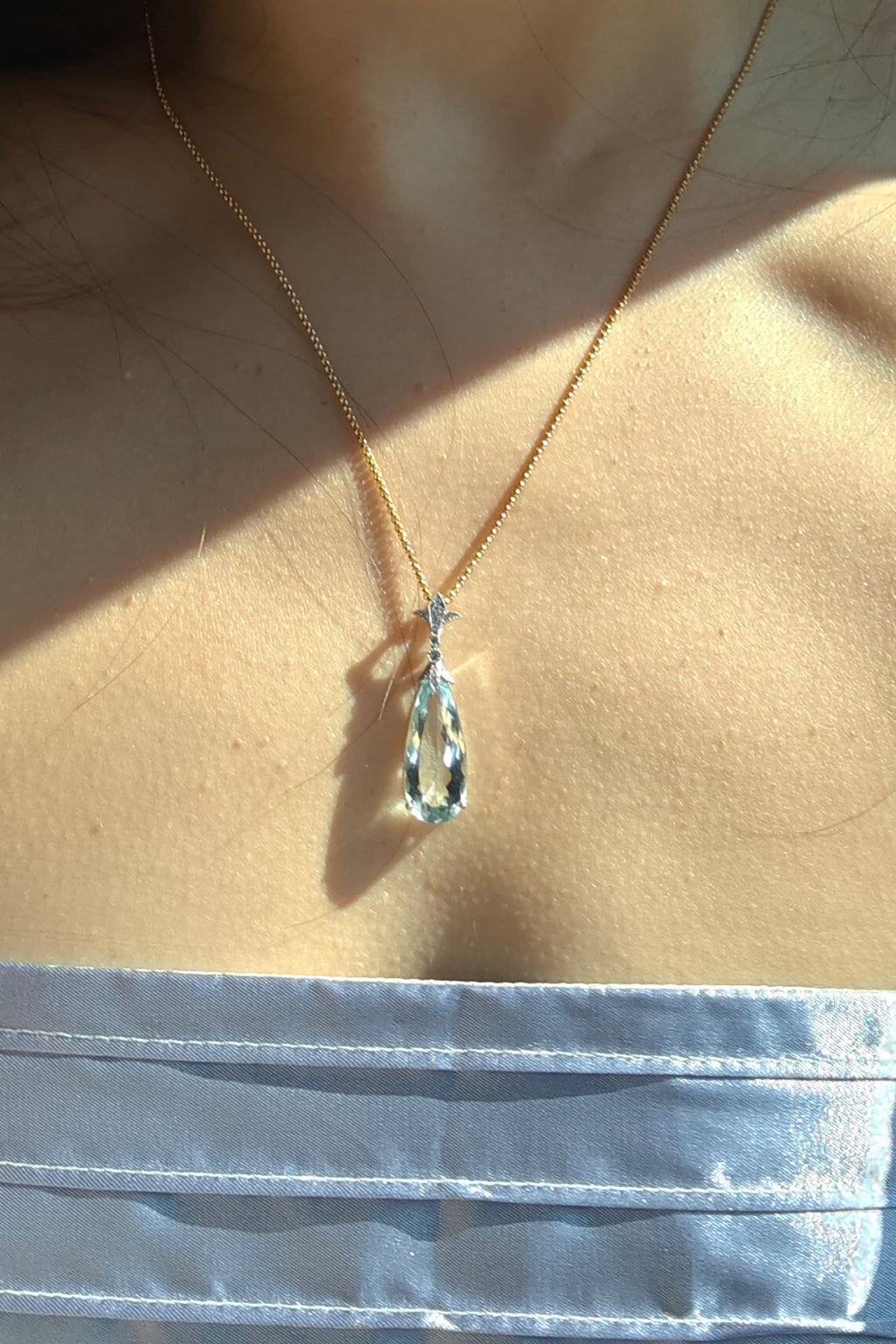6.76 Carat Tear Drop Aquamarine Necklace set in 14K Gold