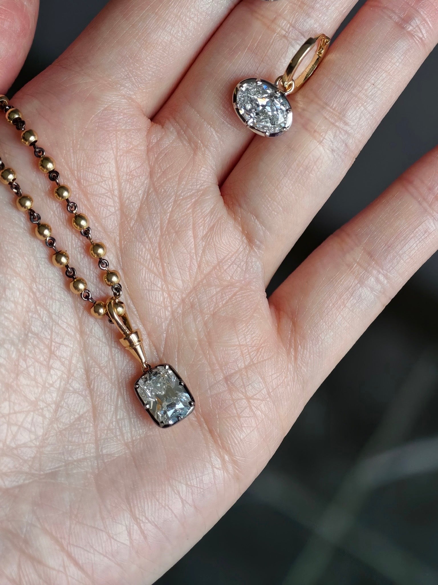 2.25 CTW Georgian Black Gold Cushion Necklace- Lab Diamonds & 18K Gold IGI Certified