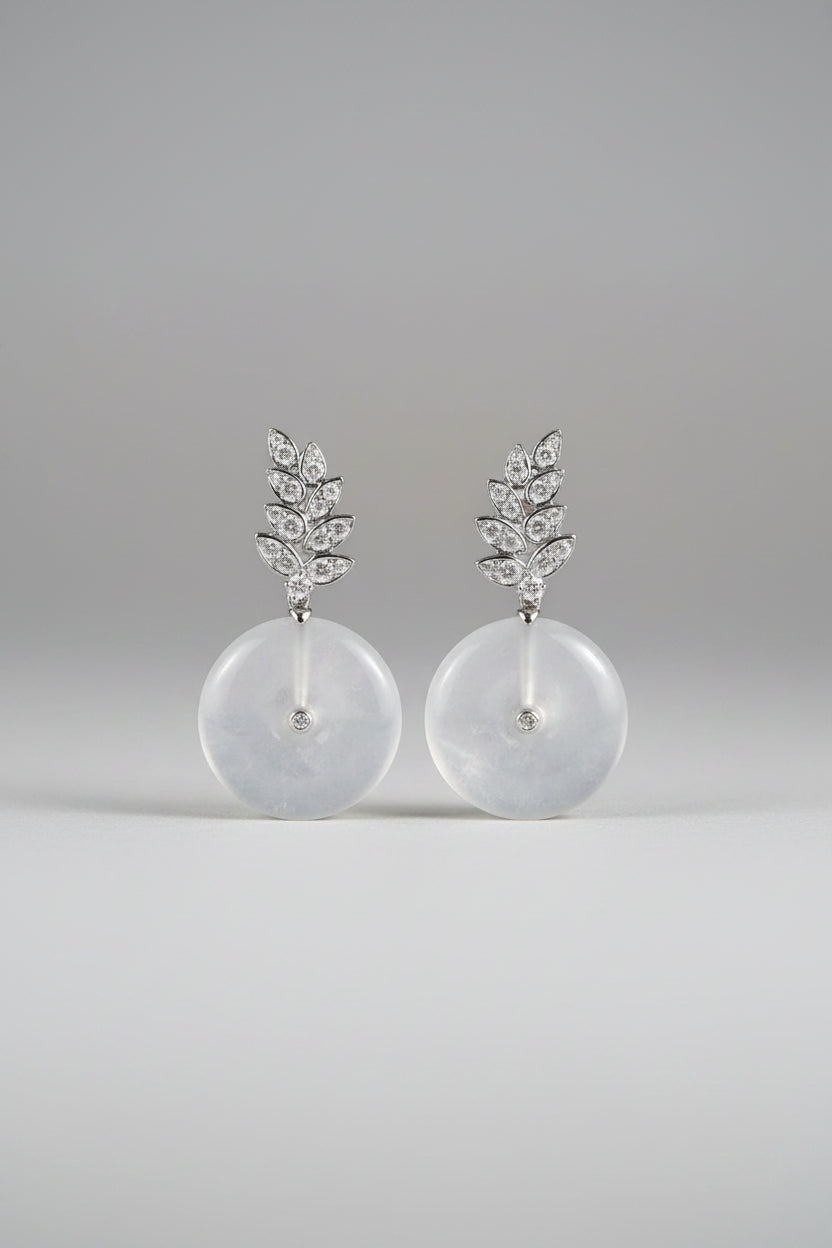 Icy White Jade Earrings with Natural Diamonds in 18K Gold