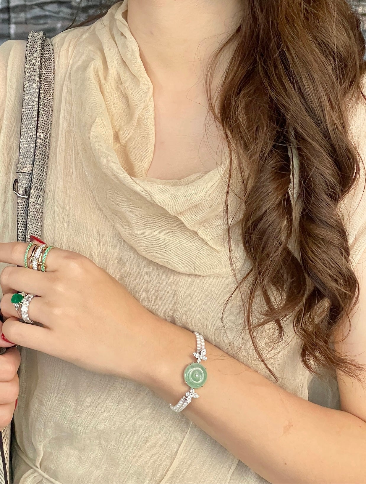 Multi-wear Icy Green Jade With Natural Diamond And Pearls