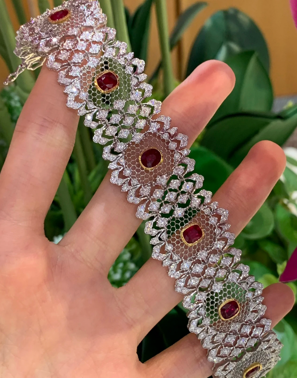 Lumière Weave - Floral Lace Diamond Bracelets in 18K Gold and Ruby