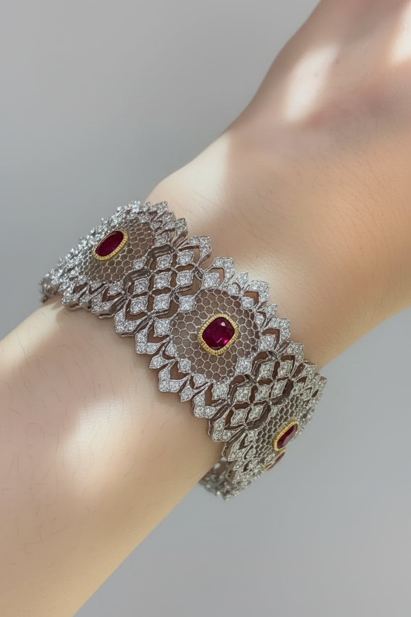 Lumière Weave - Floral Lace Diamond Bracelets in 18K Gold and Ruby