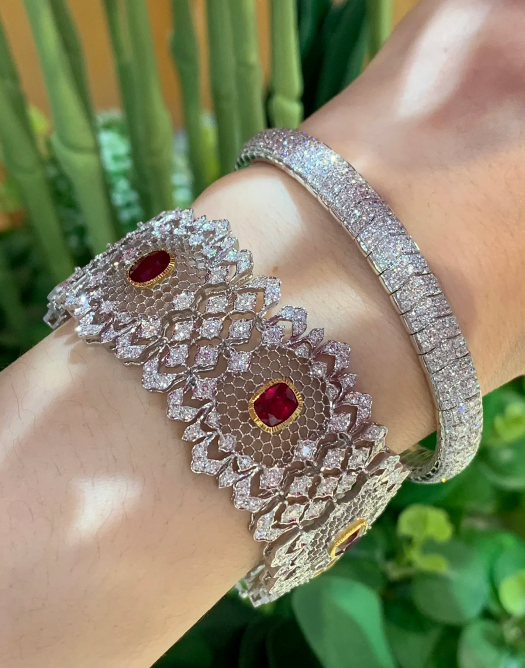 Lumière Weave - Floral Lace Diamond Bracelets in 18K Gold and Ruby