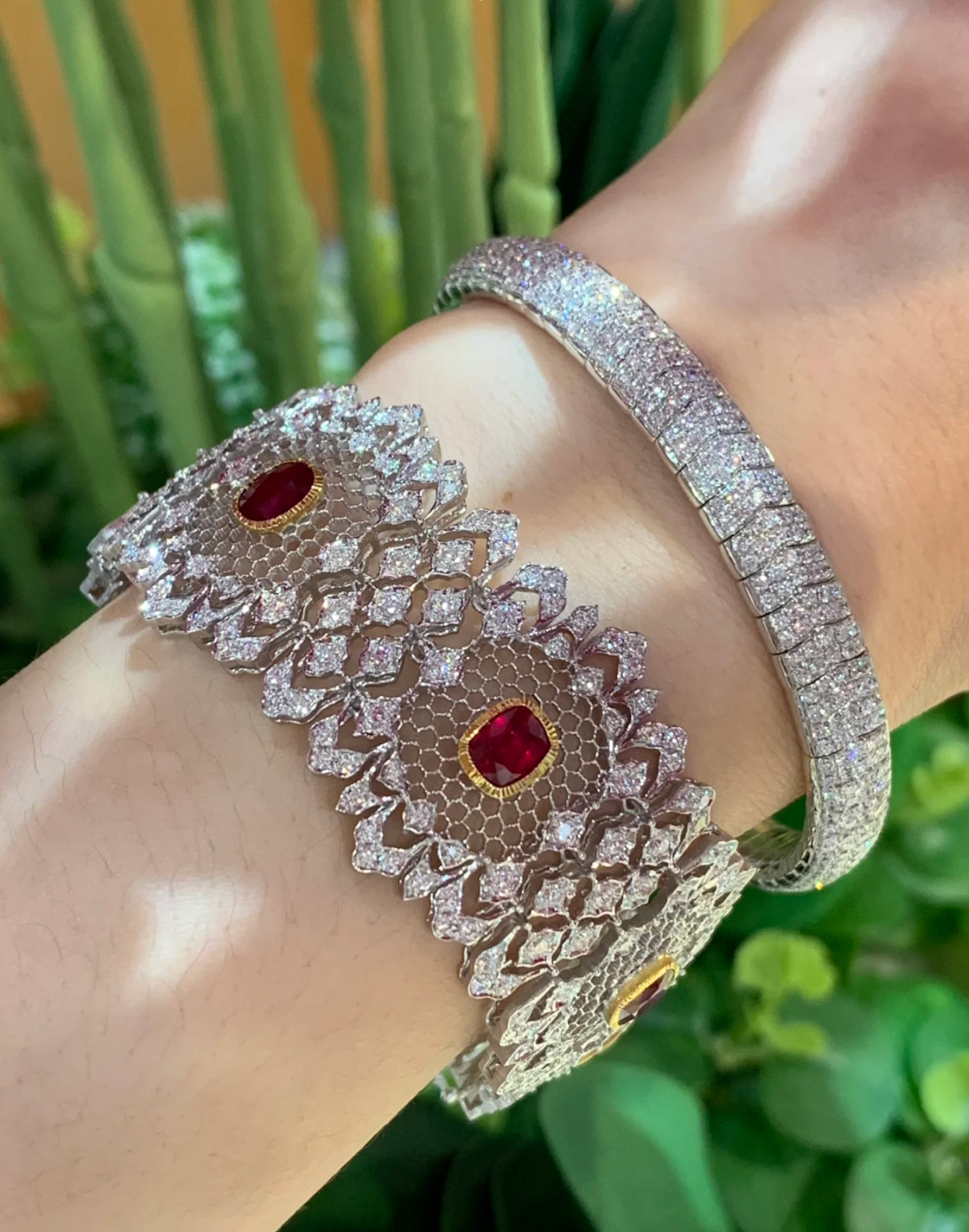 Lumière Weave - Floral Lace Diamond Bracelets in 18K Gold and Ruby