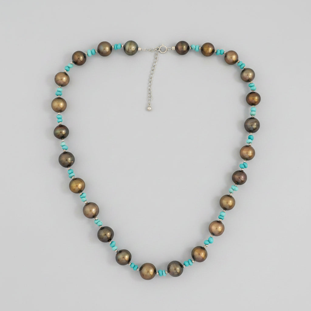 9mm Tahitian Pearl & Turquoise Necklace in 18K White Gold