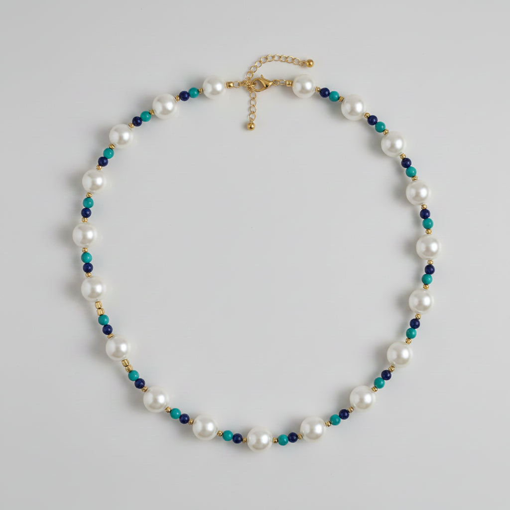 Akoya Pearl Necklace with Turquoise & Lapis Lazuli in 18K Yellow Gold