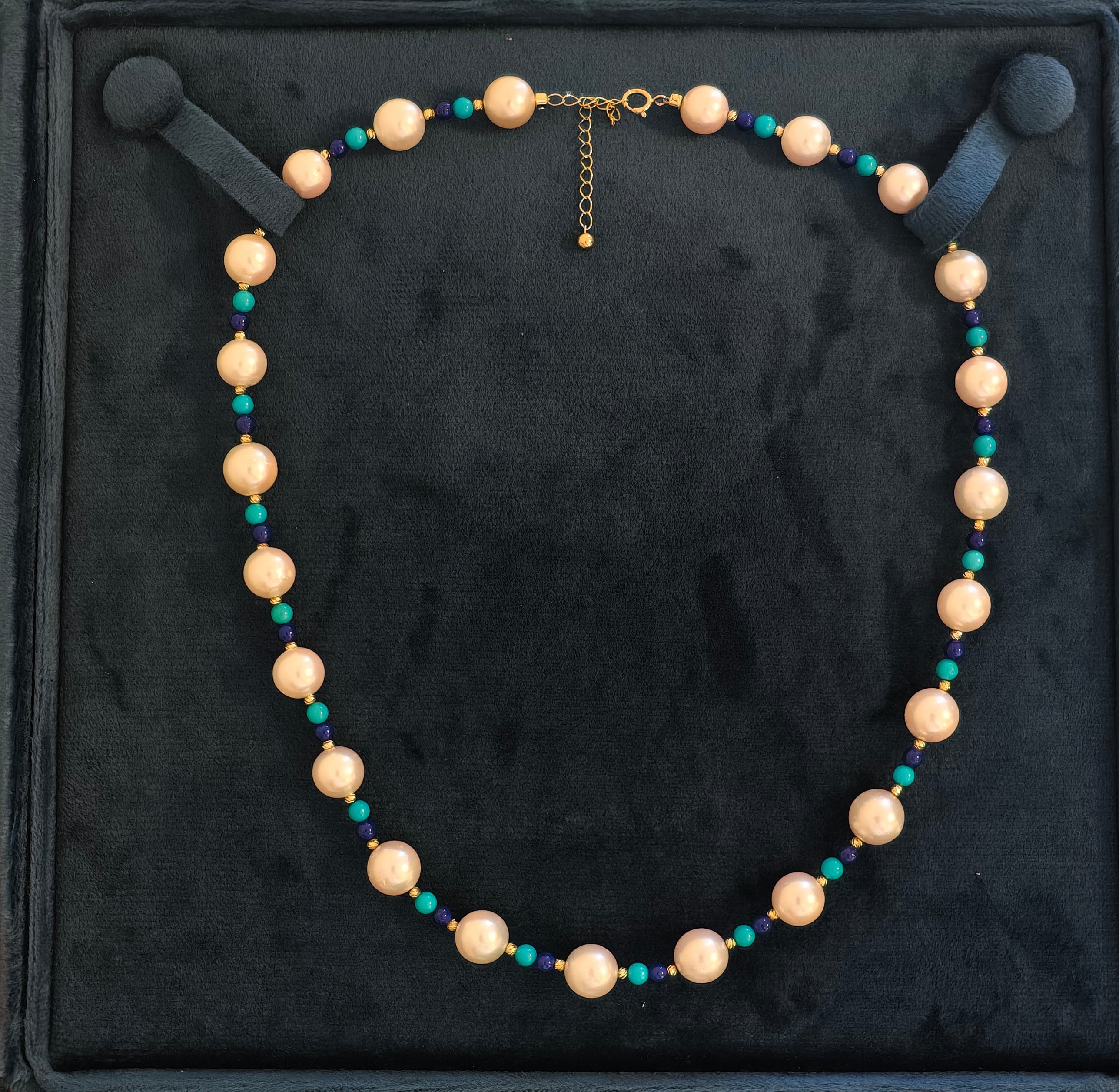 Akoya Pearl Necklace with Turquoise & Lapis Lazuli in 18K Yellow Gold