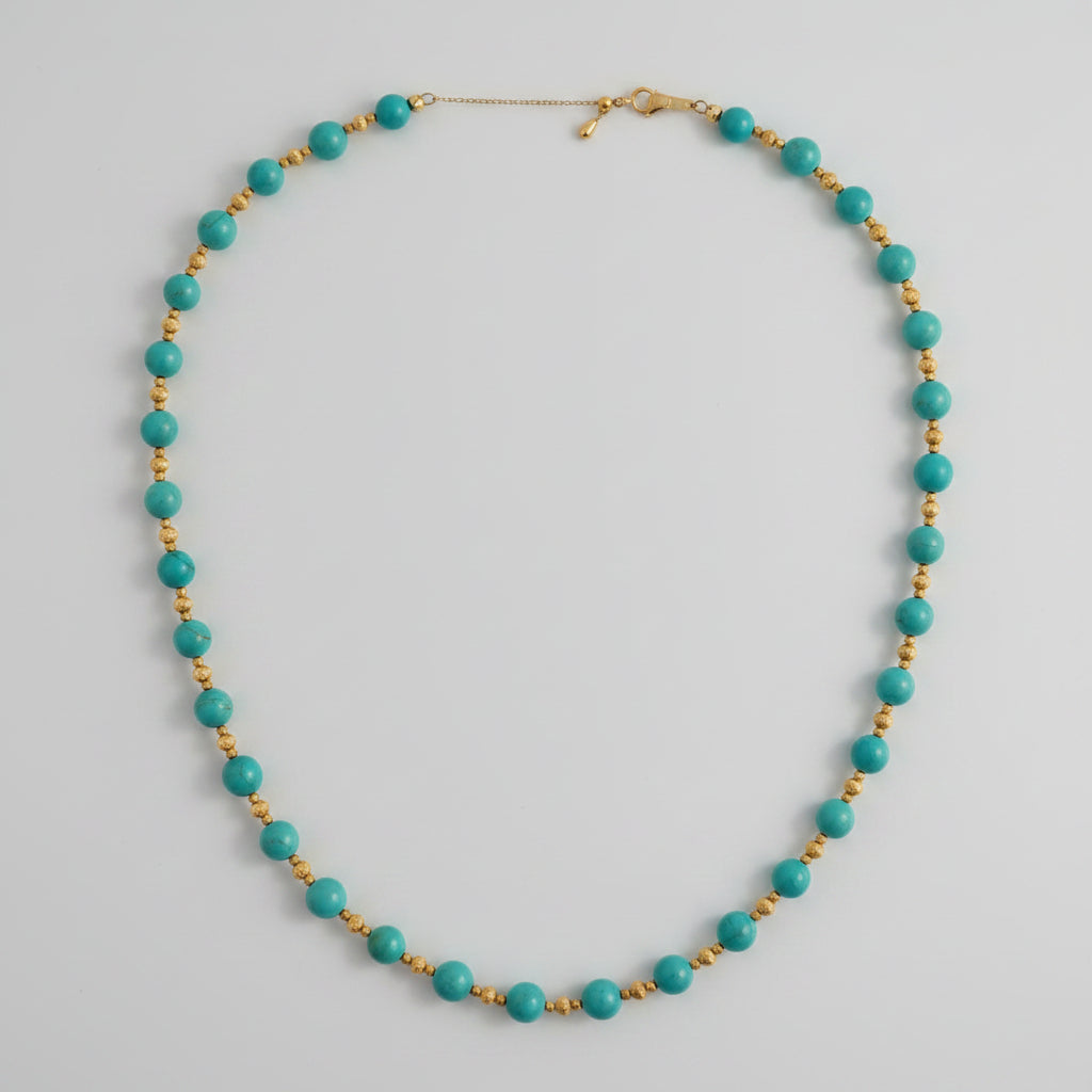 7mm Turquoise Necklace with Hand-Brushed & Laser-Cut 18K Yellow Gold Beads